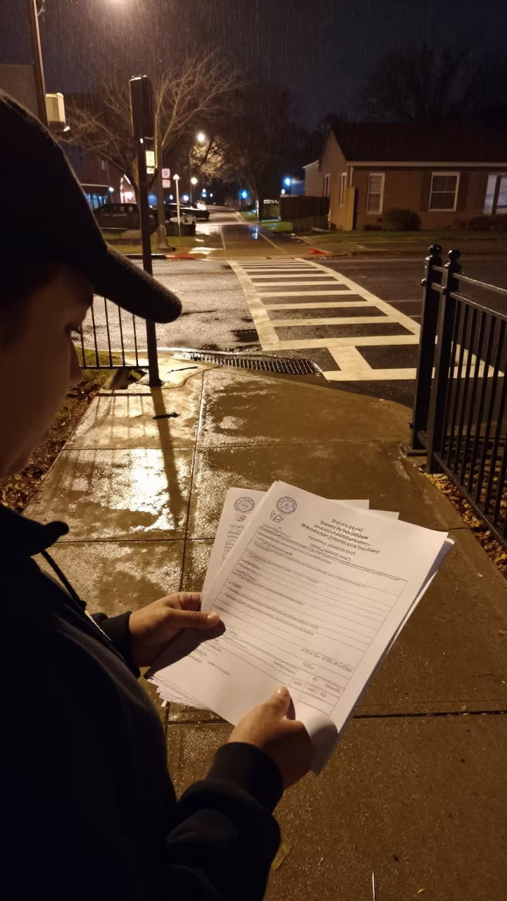 Town Clerk Seals Permits by School Gate at Night in at a crosswalk by a school gate near Salem