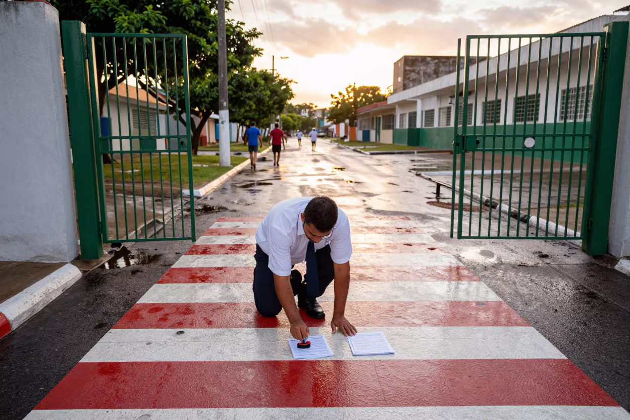Town Clerk Stamping Permits at School Gate in at a crosswalk by a school gate in Maceio