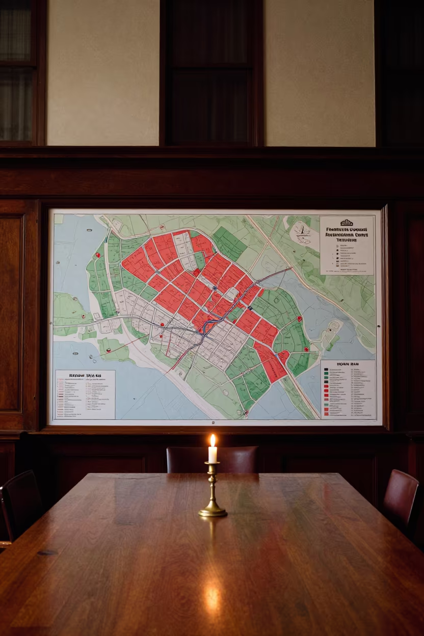 Town Hall Board Maps Under Candlelight in inside a council chamber near Fredericton