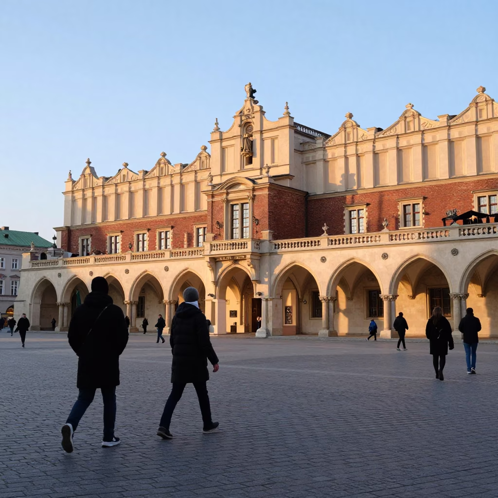 Town Square in Krakow at As First Light Reaches The Scene in in Krakow, Poland