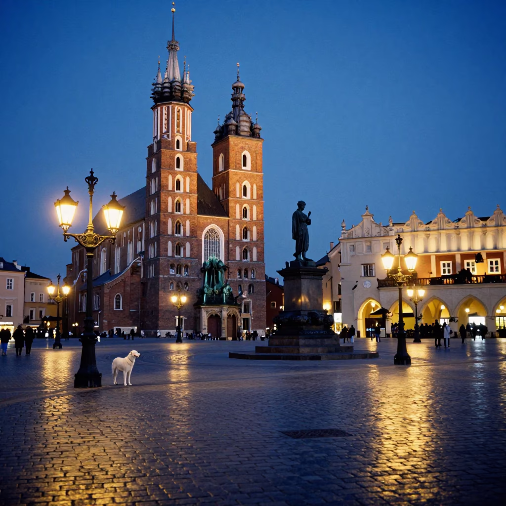 Town Square in Krakow at Blue Hour in in Krakow, Poland