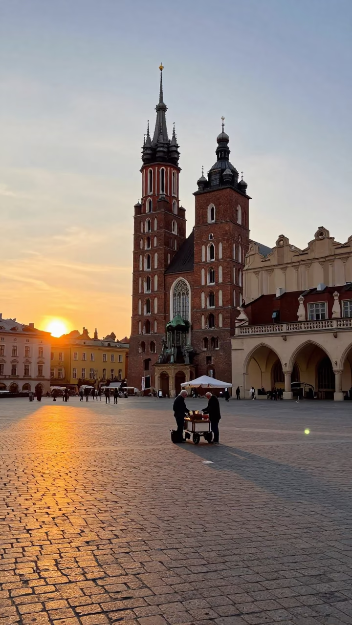 Town Square in Krakow at Sunset Light in in Krakow, Poland