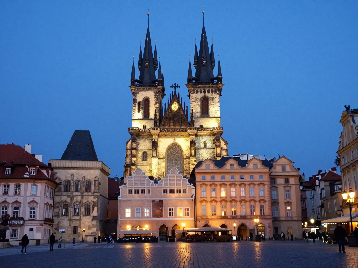Town Square in Prague at As City Lights Begin To Glow in in Prague, Czech Republic