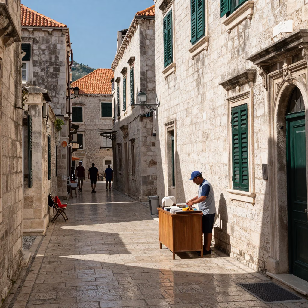 Town Street in Dubrovnik at Bright Midmorning Light in in Dubrovnik, Croatia