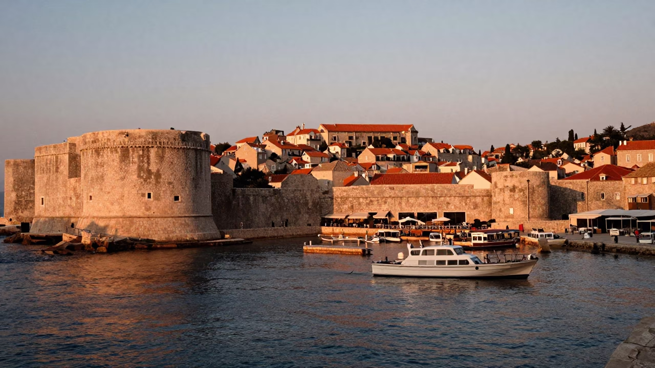 Town Waterfront in Dubrovnik at Copper-toned Light Before Dusk in in Dubrovnik, Croatia