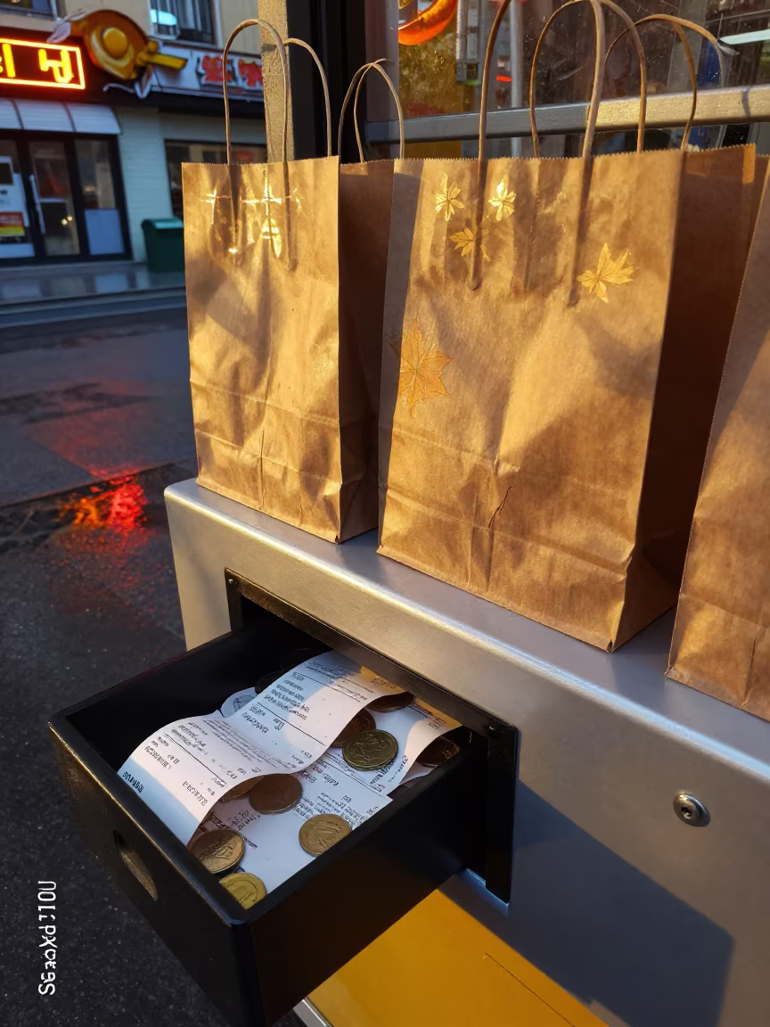 Toy Battery Drawer After Rainy Trading Day in at a cash wrap counter with bags stacked nearby near Harbin