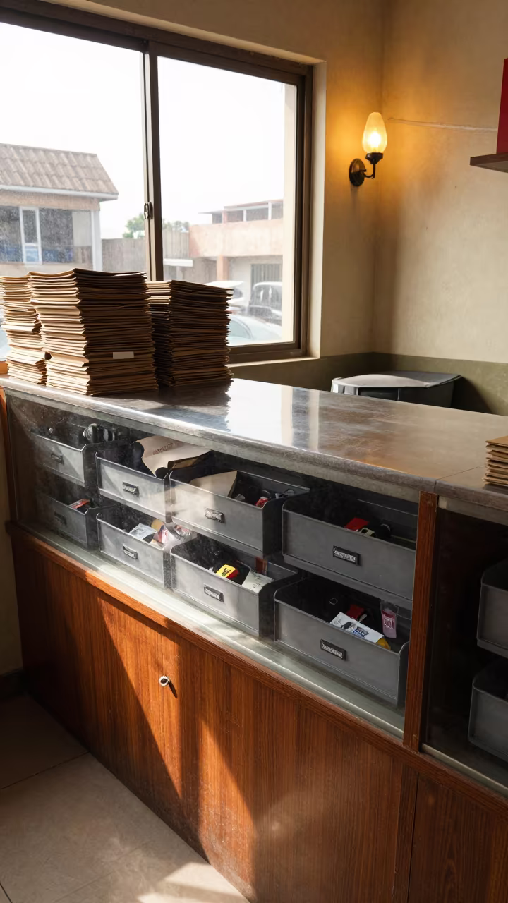 Toy Battery Drawer Lagos Cash Wrap Morning Light in at a cash wrap counter with bags stacked nearby in Lagos