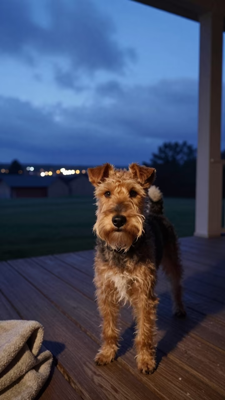 Toy Fox Terrier on Brampton Porch at Twilight in on a shaded front porch with boards, railings, and eye-level framing in Brampton