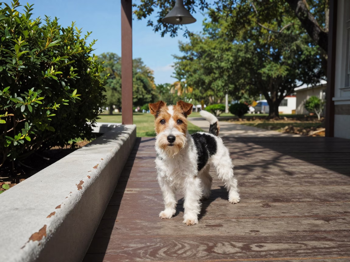 Toy Fox Terrier on Shaded Park Porch in Port Harcourt in along a quiet park path with soft open shade and a clean background in Port Harcourt