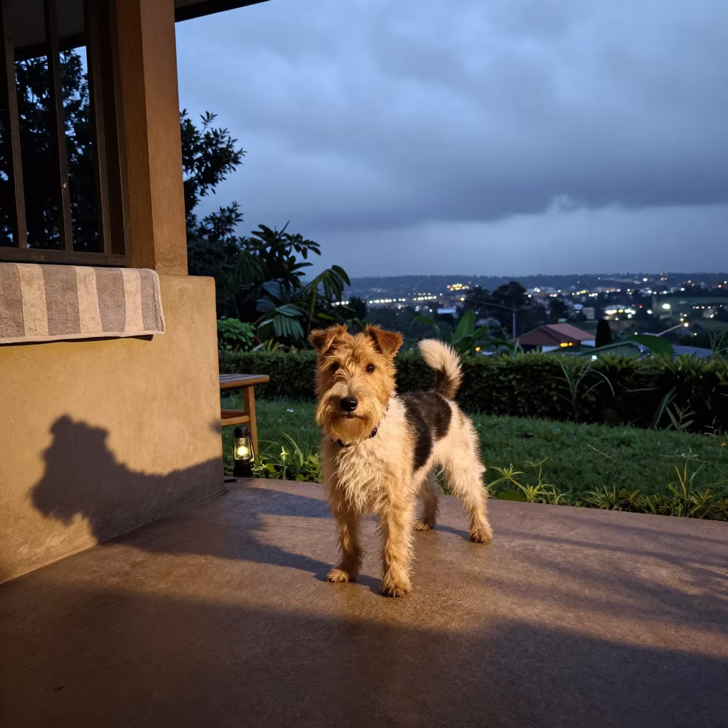Toy Fox Terrier on Shaded Porch in Kampala in near a garden edge with soft morning light and an uncluttered background in Kampala