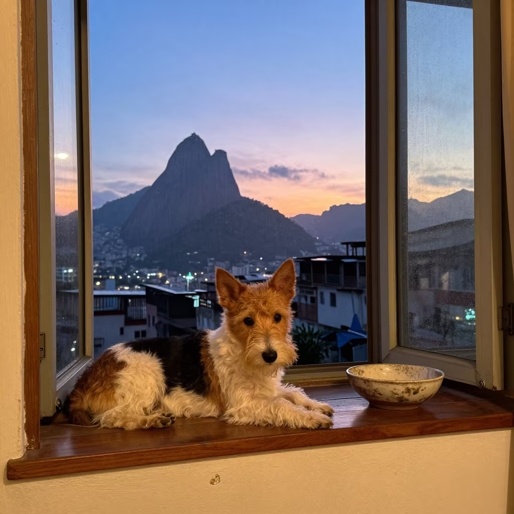 Toy Fox Terrier on Window Seat at Sunset in on a window seat in a quiet apartment with soft side light in Rocinha, Rio de Janeiro