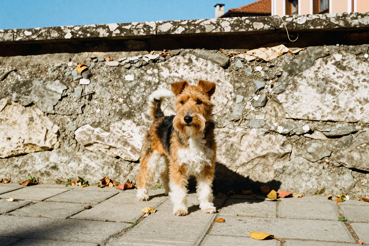 Toy Fox Terrier Portrait by Courtyard Wall in Veliko Tarnovo in beside a plain courtyard wall in clear daylight with the animal at eye level in Veliko Tarnovo