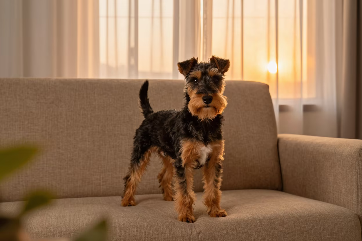 Toy Fox Terrier Portrait Golden Hour Sofa Khuzdar in on a sofa near a curtained window with calm indoor light near Khuzdar