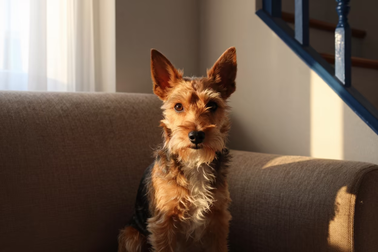 Toy Fox Terrier Portrait in Algerian Home in on a sofa near a curtained window with calm indoor light near Algiers