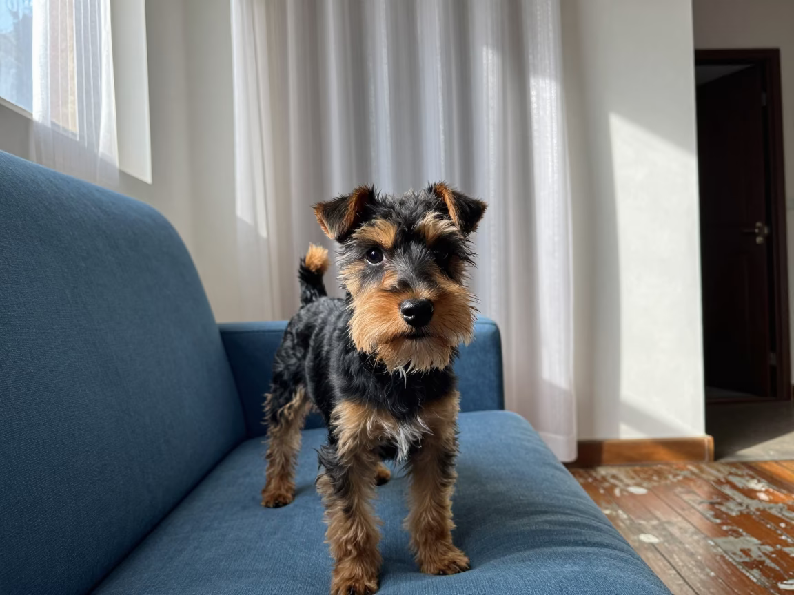 Toy Fox Terrier Portrait on Sofa in Lagos Home in on a sofa near a curtained window with calm indoor light in Oshodi, Lagos