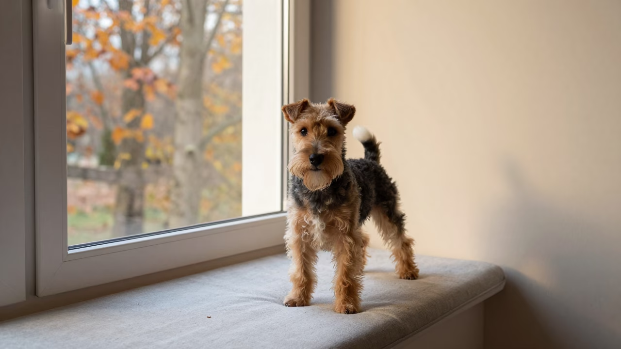 Toy Fox Terrier Portrait on Window Seat in Bingöl in on a cushioned window seat with soft side light and an uncluttered background in Bingöl