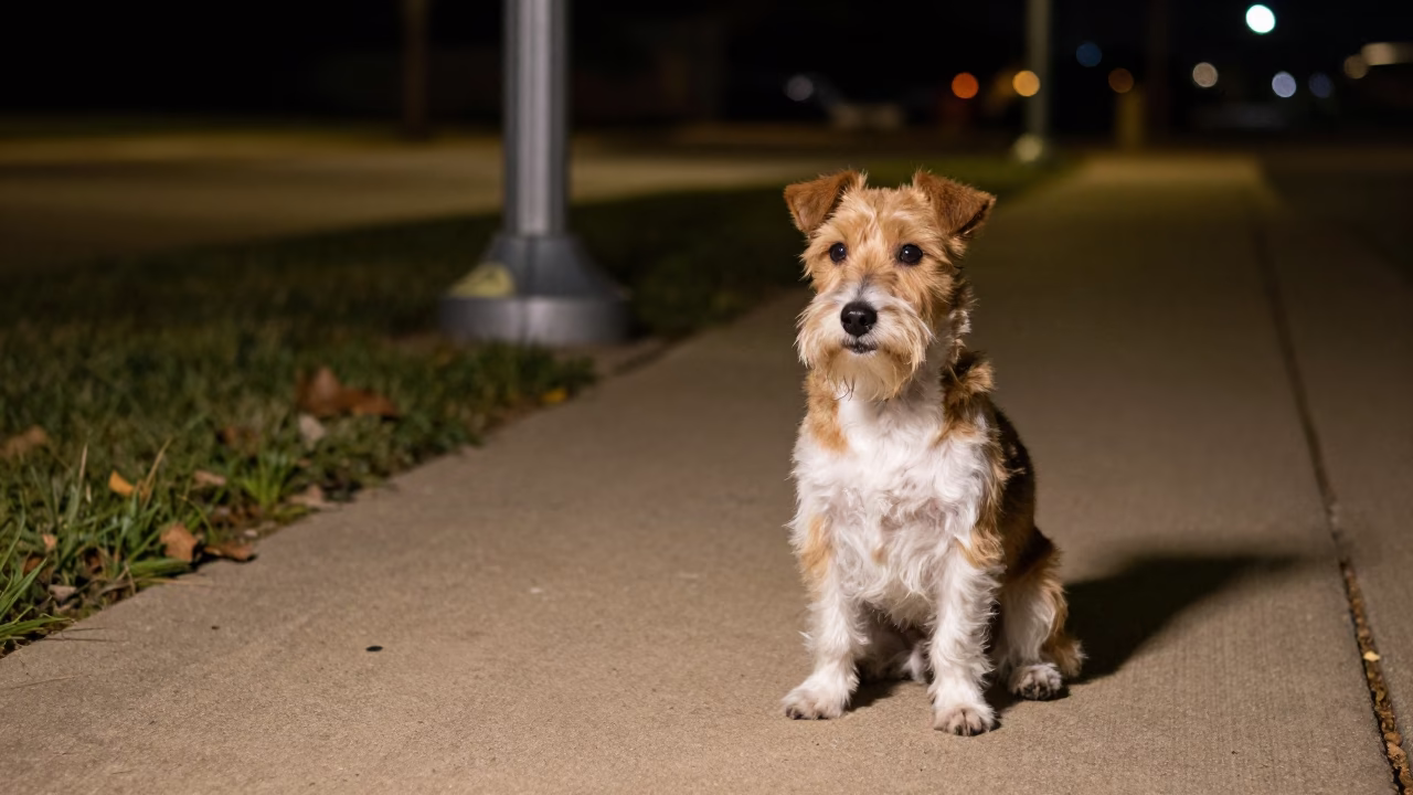 Toy Fox Terrier Resting Near Grease Sheen on Austin Texas Night Street in in Austin, Texas, United States