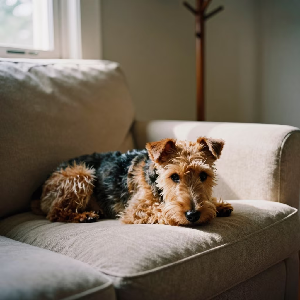 Toy Fox Terrier Resting on Linen Sofa in Honeyed Light in on a linen sofa with daylight from a nearby window near Tarsus