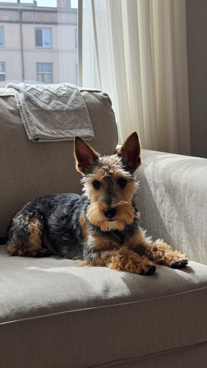 Toy Fox Terrier Resting on Linen Sofa in Shanghai Morning Light in on a linen sofa with daylight from a nearby window in Shanghai