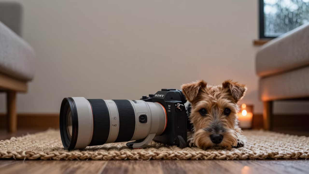 Toy Fox Terrier Resting on Rug in Bogota Home in on a woven rug beside a low couch and an uncluttered wall in Bogota