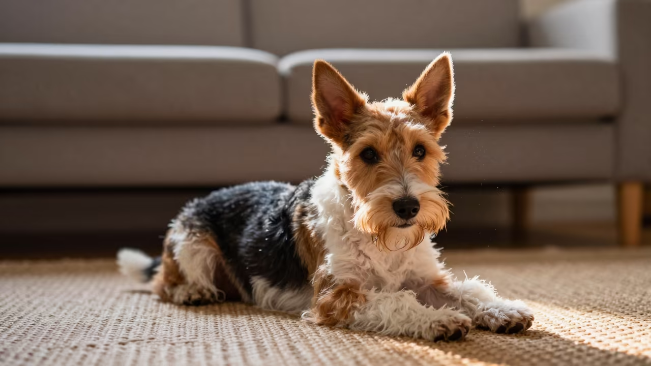 Toy Fox Terrier Resting on Woven Rug Before Dawn in on a woven rug beside a low couch and an uncluttered wall in Melbourne