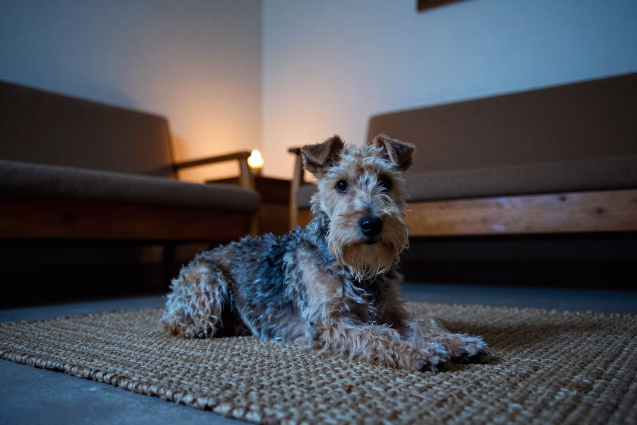 Toy Fox Terrier Resting on Woven Rug in Kabul Home in on a woven rug beside a low couch and an uncluttered wall in Kabul