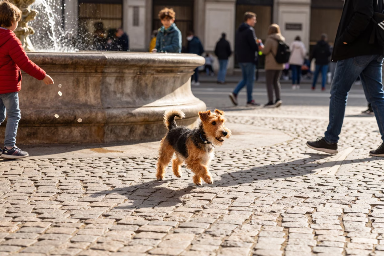 Toy Fox Terrier Running Through Milan Italy Piazza Early Afternoon Sunlight in in Milan, Italy