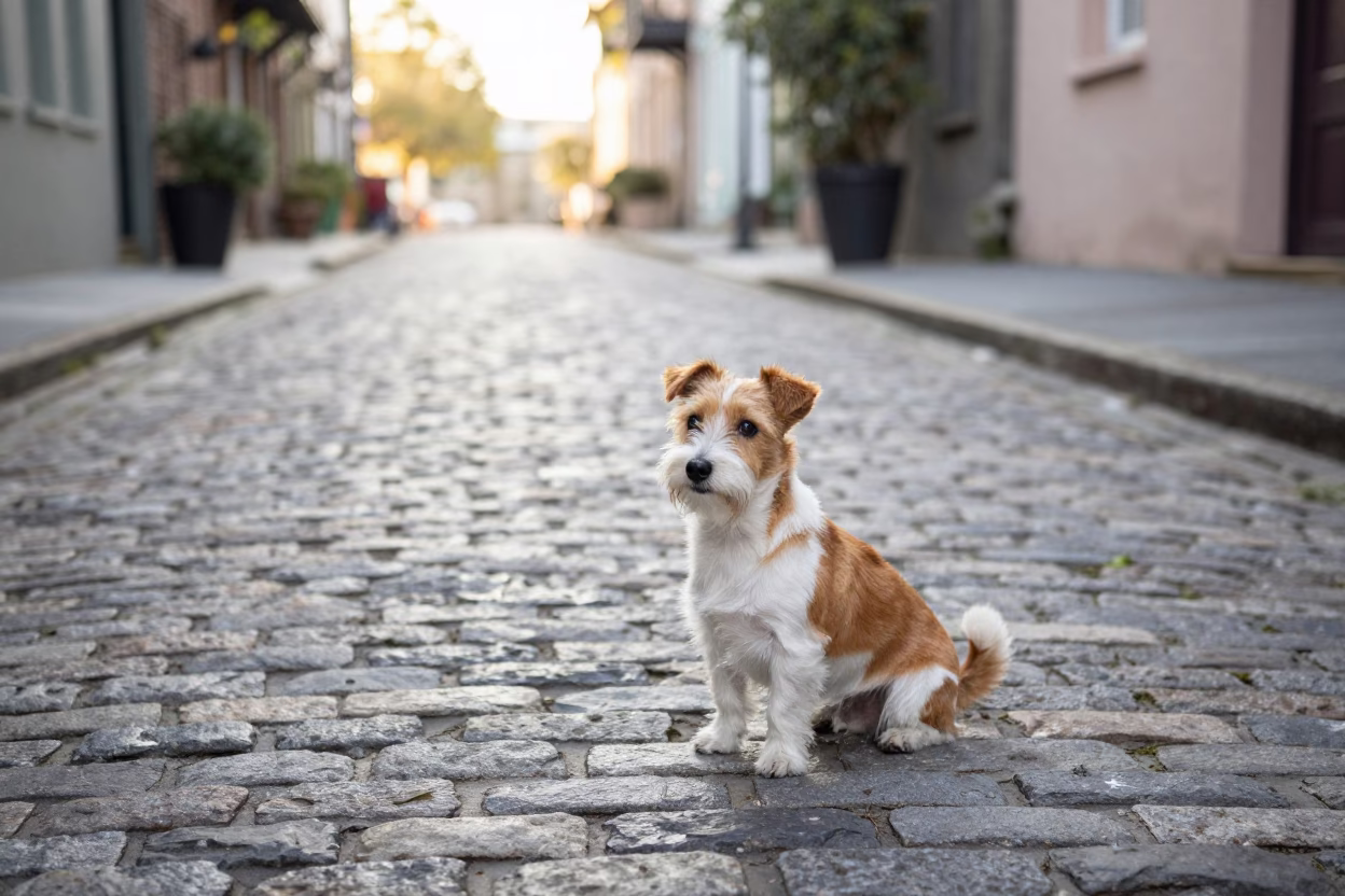 Toy Fox Terrier sitting on historic Charleston cobblestone street after sunrise in in Charleston, South Carolina, United States