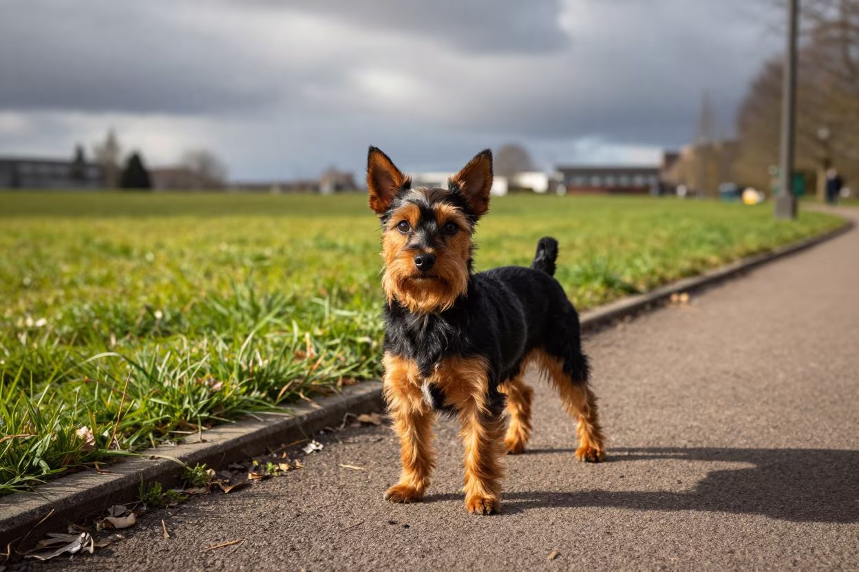 Toy Manchester Terrier on Amman Park Path in in a small yard with clipped grass, calm light, and the animal centered in frame near Amman