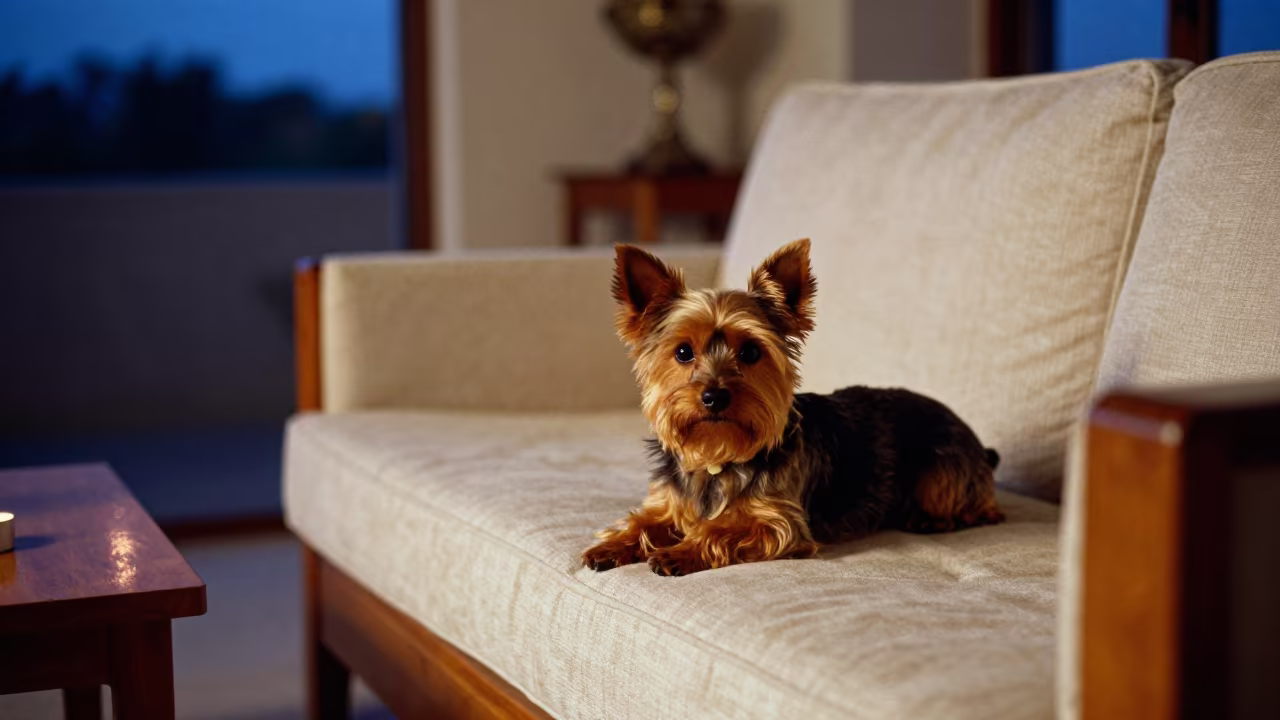 Toy Manchester Terrier on Linen Sofa at Blue Hour in on a linen sofa with daylight from a nearby window in Sokoto