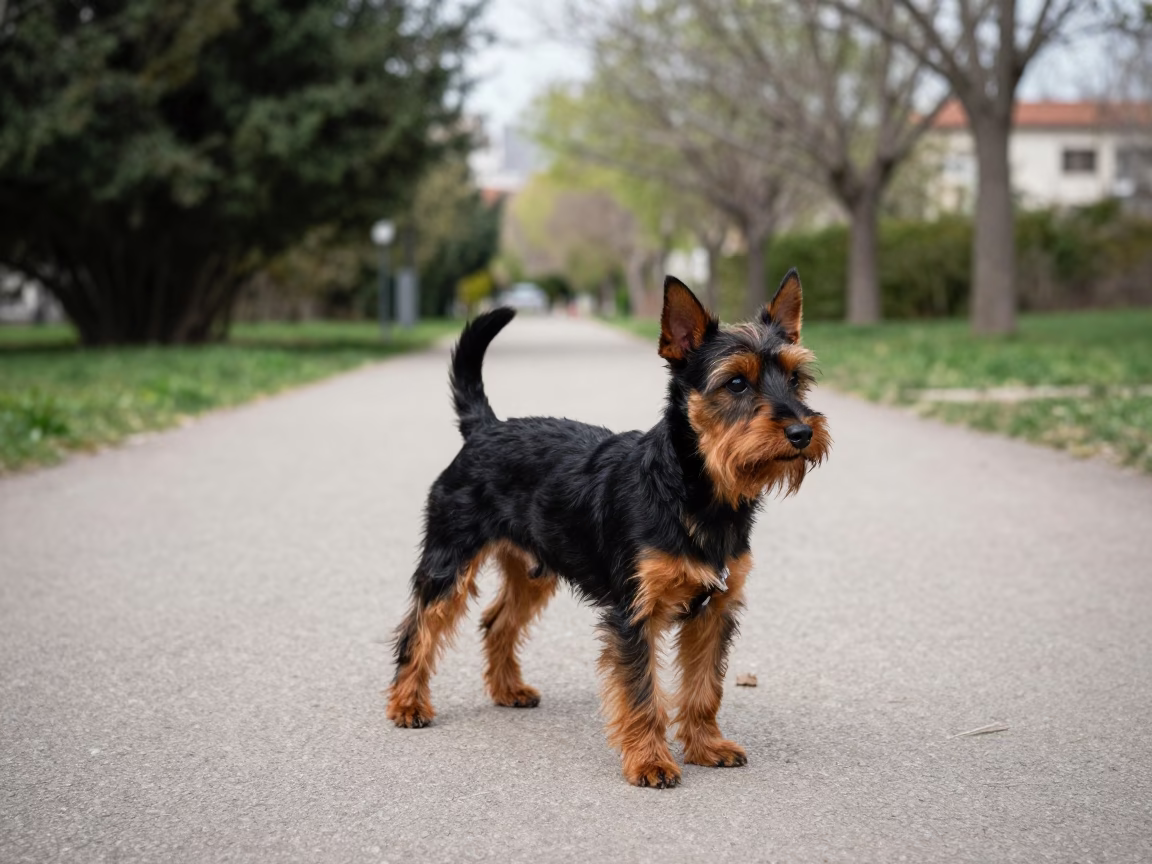 Toy Manchester Terrier on Nicosia Park Path in along a quiet park path with soft open shade and a clean background in Nicosia