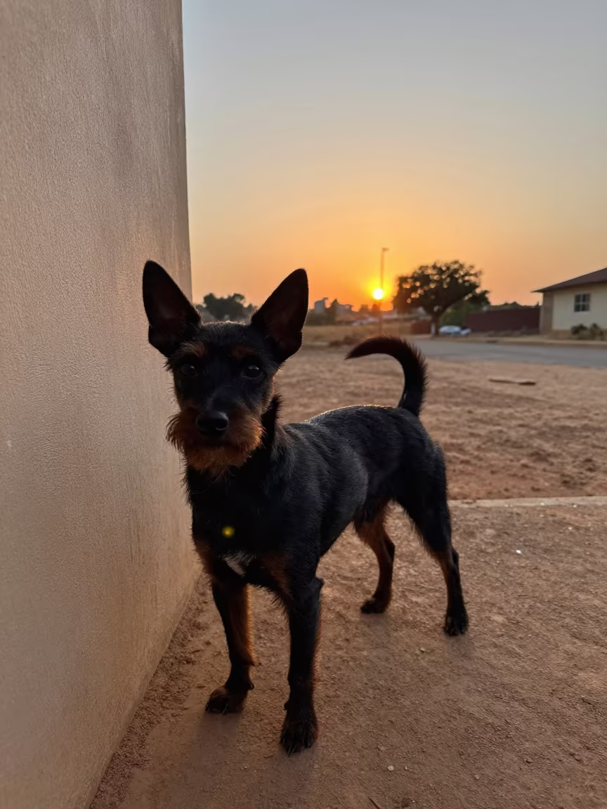 Toy Manchester Terrier on Park Path in beside a plain courtyard wall in clear daylight with the animal at eye level near Antananarivo