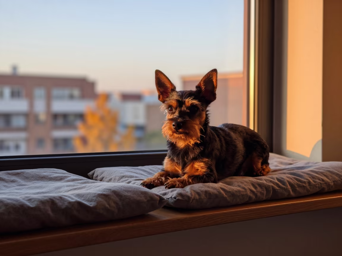 Toy Manchester Terrier on Window Seat at Sunset in on a window seat in a quiet apartment with soft side light in Santiago