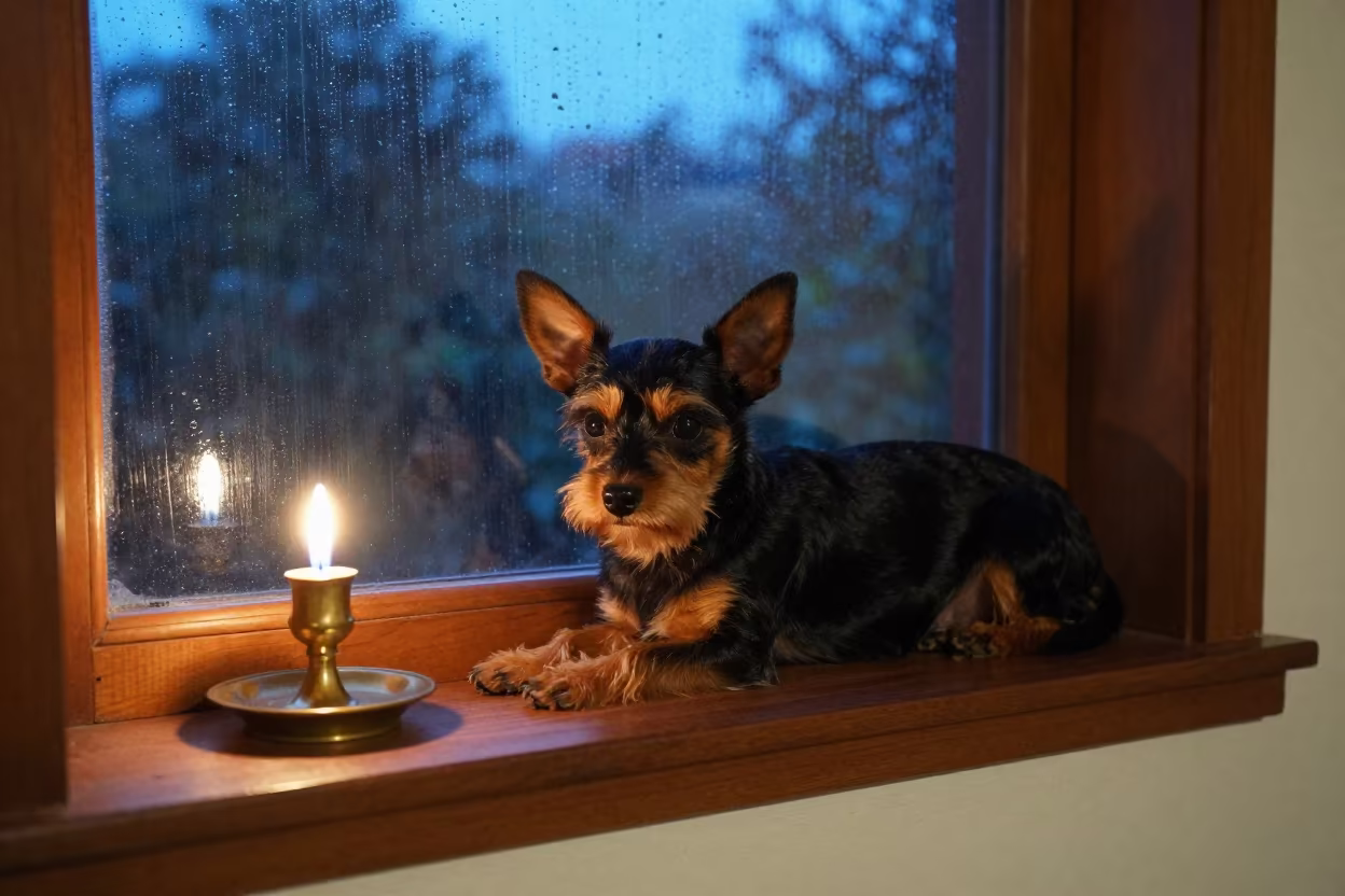 Toy Manchester Terrier on Window Seat Monywa in on a window seat in a quiet apartment with soft side light in Monywa