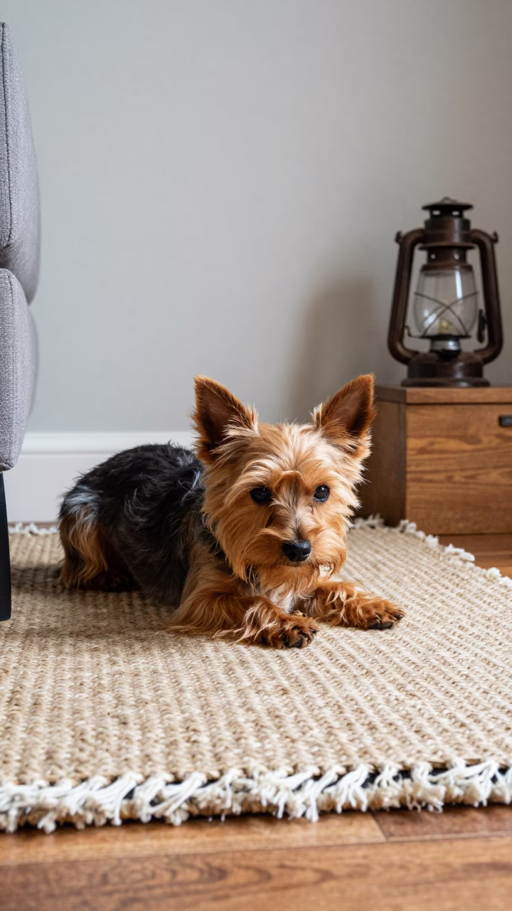 Toy Manchester Terrier on Woven Rug in Kenema Home in on a woven rug beside a low couch and an uncluttered wall near Kenema