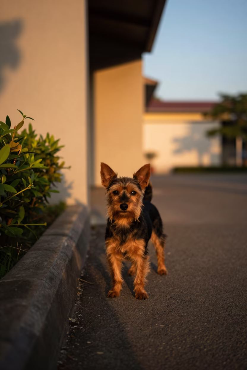 Toy Manchester Terrier Portrait in Cebu Park Sunset in along a quiet park path with soft open shade and a clean background in Cebu