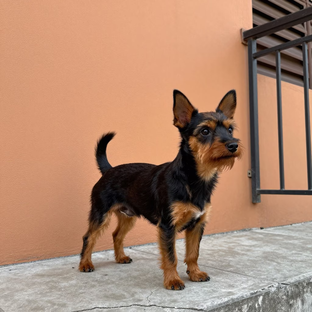 Toy Manchester Terrier Portrait Manila Courtyard in beside a plain courtyard wall in clear daylight with the animal at eye level in Manila