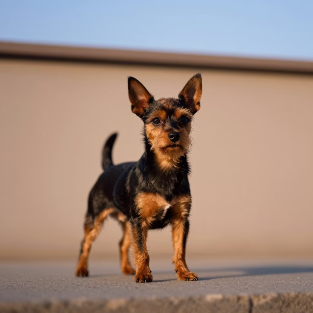 Toy Manchester Terrier Portrait Near Nanjing Wall in beside a plain courtyard wall in clear daylight with the animal at eye level near Nanjing