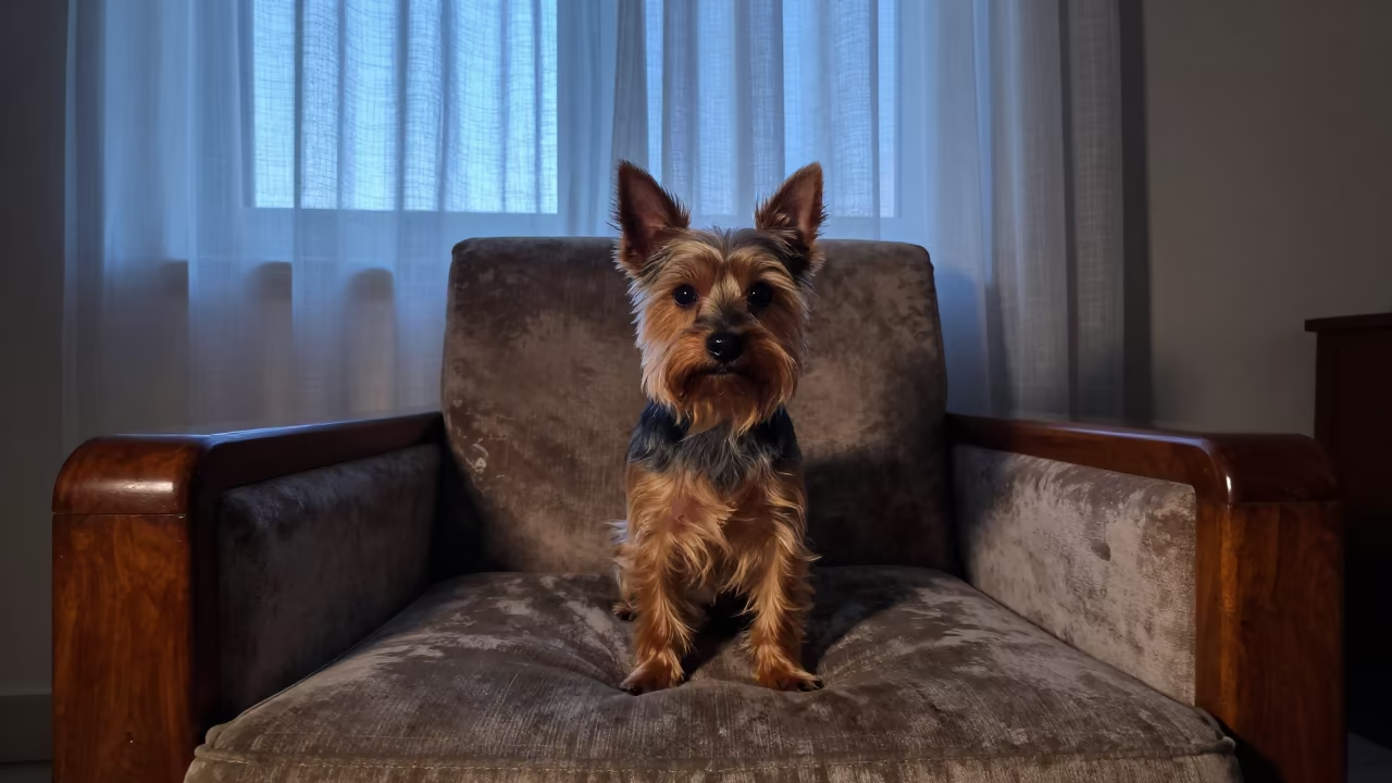 Toy Manchester Terrier Portrait Near Window in on a sofa near a curtained window with calm indoor light near Al-Muharraq