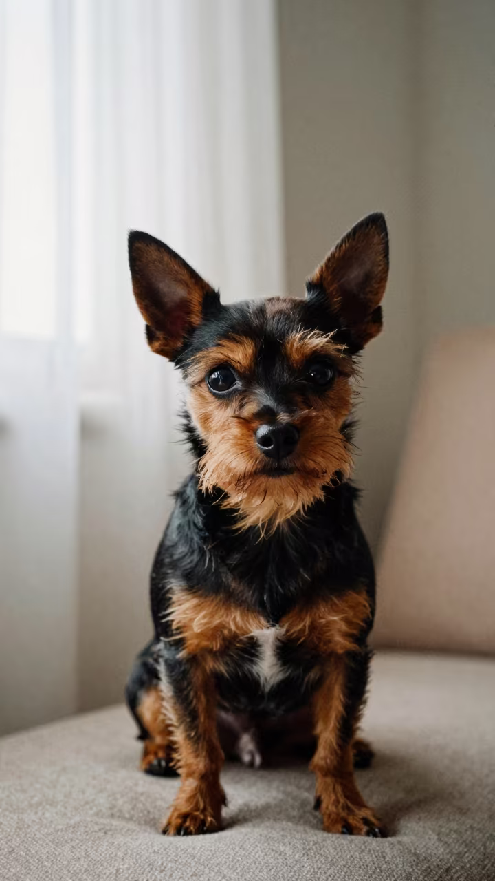 Toy Manchester Terrier Portrait on Sofa in on a sofa near a curtained window with calm indoor light in Dalian