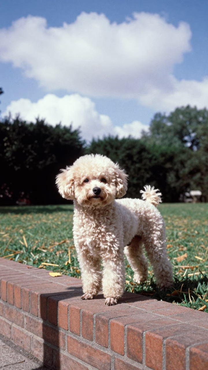 Toy Poodle in Madrid Park Shade in along a quiet park path with soft open shade and a clean background near Madrid