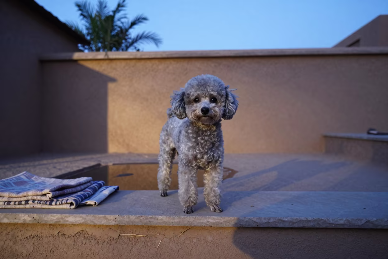 Toy Poodle in Maradi Courtyard Blue Hour in beside a plain courtyard wall in clear daylight with the animal at eye level in Maradi