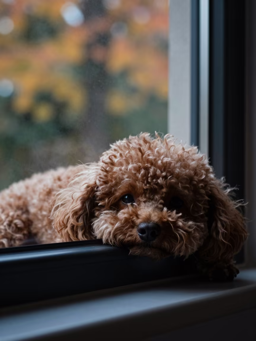 Toy Poodle Midnight Window Seat Suzhou in on a window seat in a quiet apartment with soft side light in Suzhou
