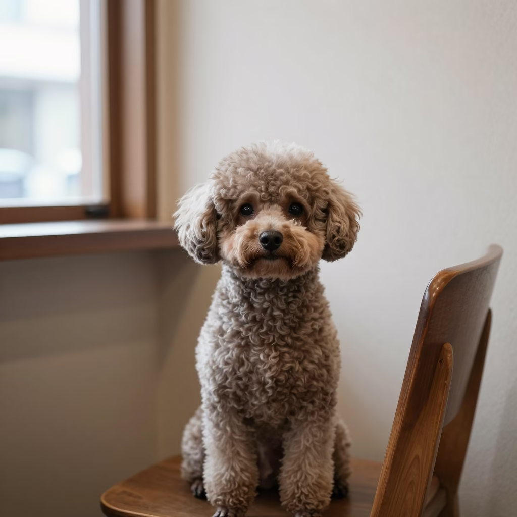Toy Poodle Portrait Beside Plaster Wall in Kanazawa in beside a plain plaster wall in soft indoor light with the animal centered in frame in Kanazawa