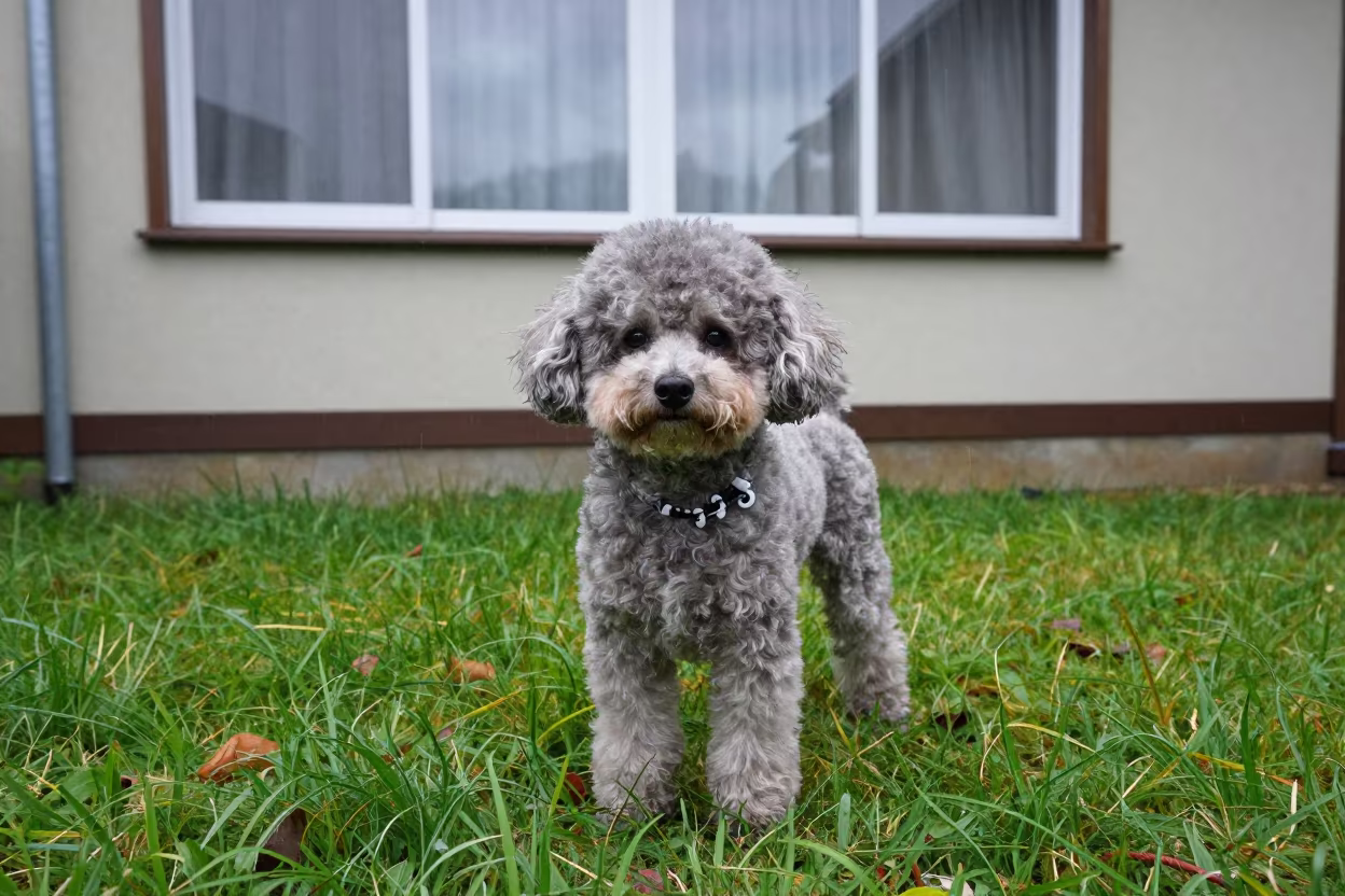 Toy Poodle Portrait in Small Barakaldo Yard in in a small yard with clipped grass, calm light, and the animal centered in frame near Barakaldo