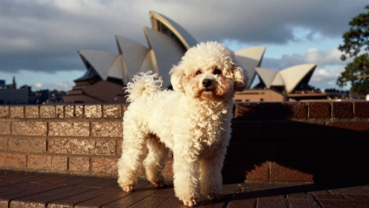 Toy Poodle Portrait in Sydney Evening Light in at a public square in Sydney