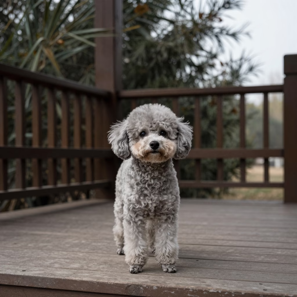 Toy Poodle Portrait on Zhengzhou Porch in on a shaded front porch with boards, railings, and eye-level framing near Zhengzhou
