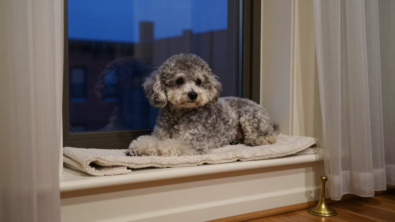 Toy Poodle Resting on Window Seat in St Louis Apartment in on a window seat in a quiet apartment with soft side light in St Louis
