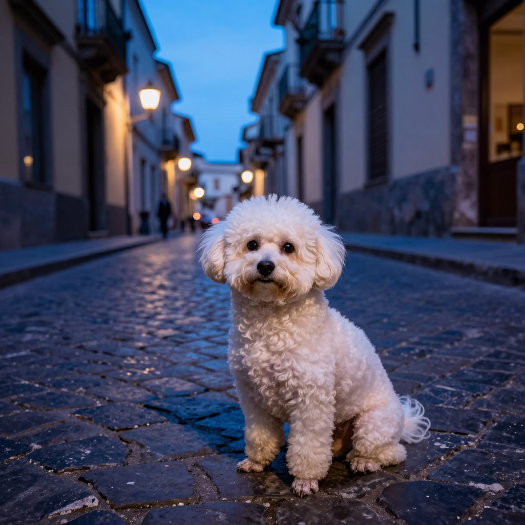 Toy Poodle Sitting on Cobblestone Street in Palermo Italy During Indigo Twilight in in Palermo, Italy