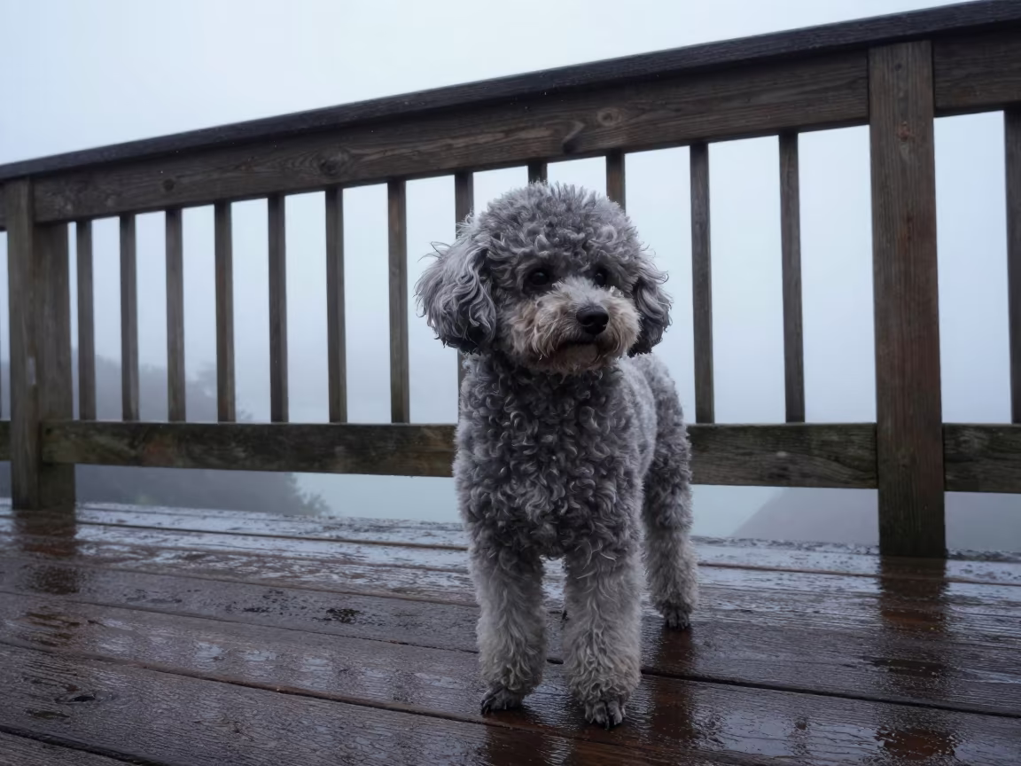 Toy Poodle Standing Shaded San Francisco Porch Dawn in on a shaded front porch with boards, railings, and eye-level framing in San Francisco